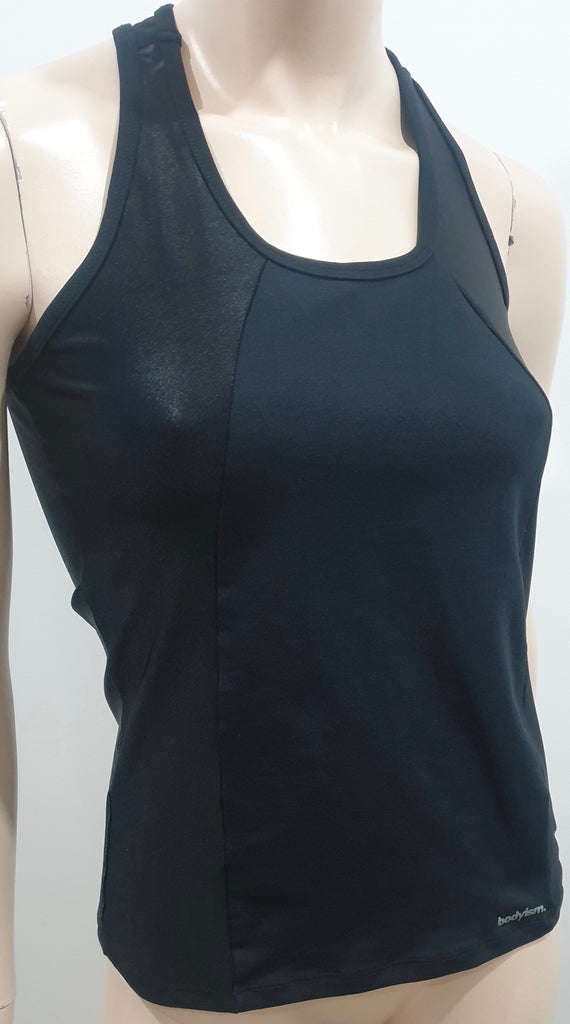 BODYISM Black Sheen Panel Round Neck Sleeveless Activewear Gym Yoga Vest Top M