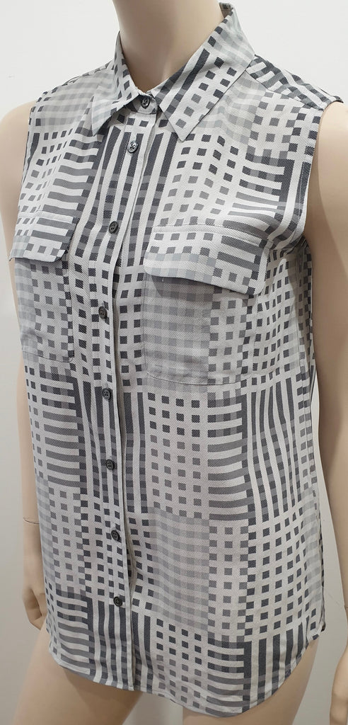 EQUIPMENT FEMME Grey Silk Checked Collared Sleeveless Blouse Shirt Top S