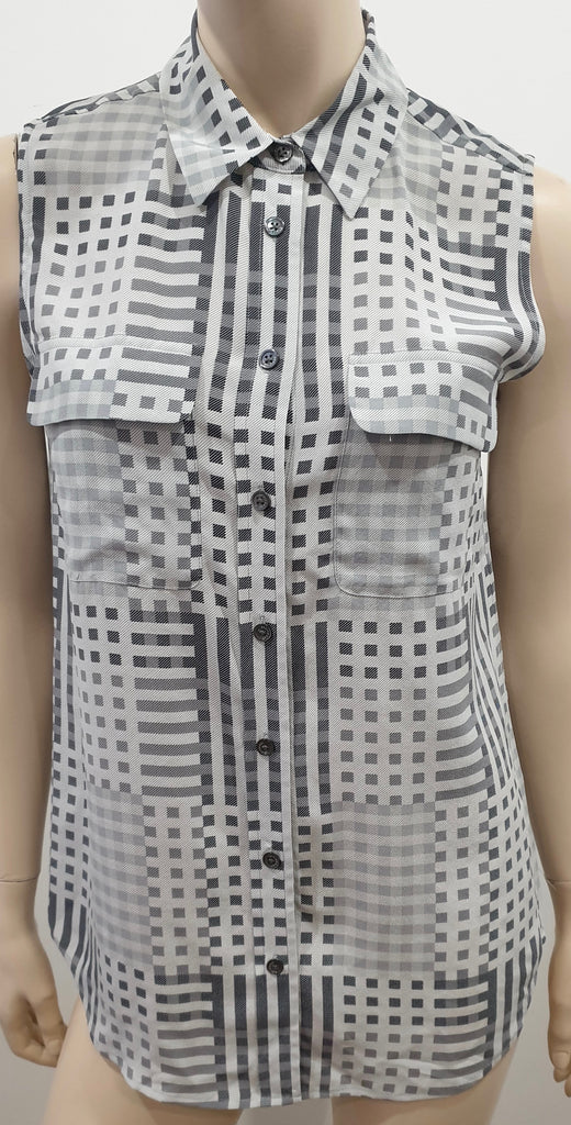 EQUIPMENT FEMME Grey Silk Checked Collared Sleeveless Blouse Shirt Top S