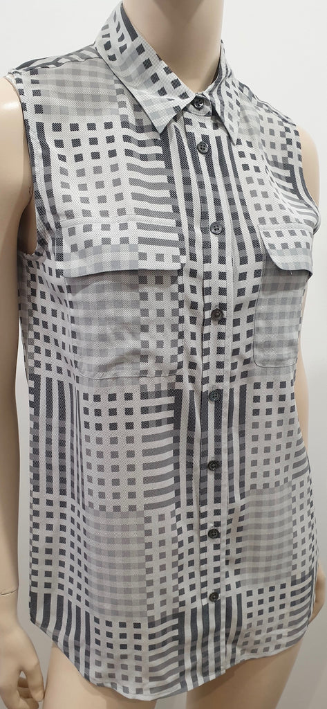 EQUIPMENT FEMME Grey Silk Checked Collared Sleeveless Blouse Shirt Top S