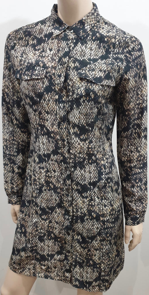 THEORY Black Grey Cream Silk Animal Print Collar Long Sleeve Shirt Dress 6 UK10