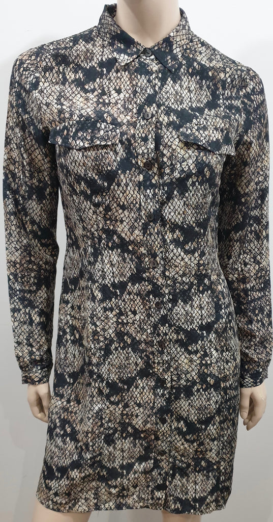 THEORY Black Grey Cream Silk Animal Print Collar Long Sleeve Shirt Dress 6 UK10