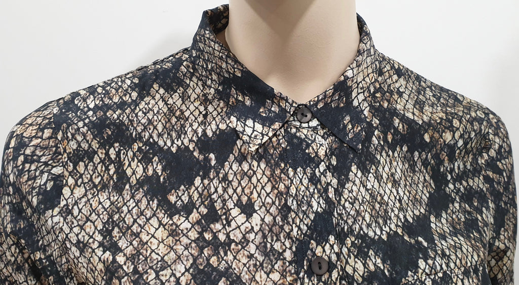 THEORY Black Grey Cream Silk Animal Print Collar Long Sleeve Shirt Dress 6 UK10