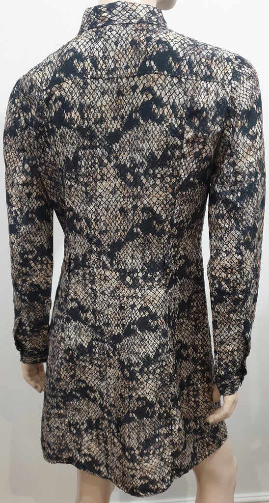 THEORY Black Grey Cream Silk Animal Print Collar Long Sleeve Shirt Dress 6 UK10
