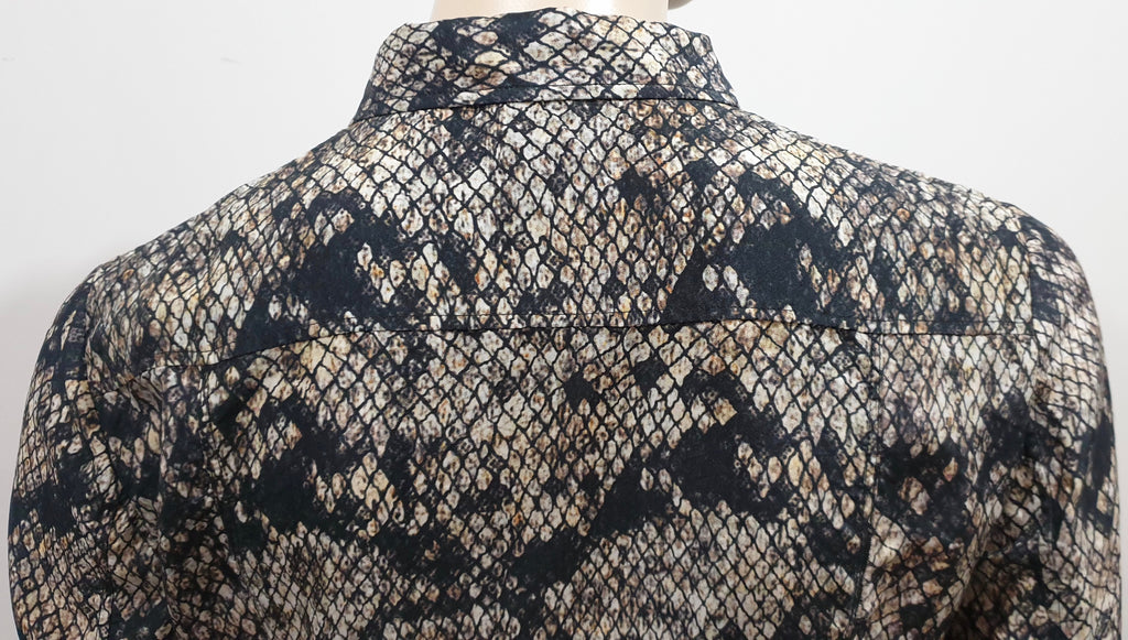 THEORY Black Grey Cream Silk Animal Print Collar Long Sleeve Shirt Dress 6 UK10