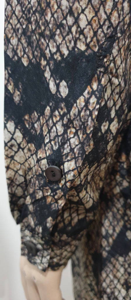 THEORY Black Grey Cream Silk Animal Print Collar Long Sleeve Shirt Dress 6 UK10