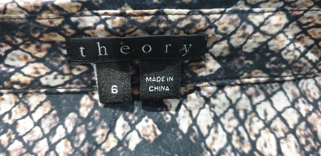 THEORY Black Grey Cream Silk Animal Print Collar Long Sleeve Shirt Dress 6 UK10