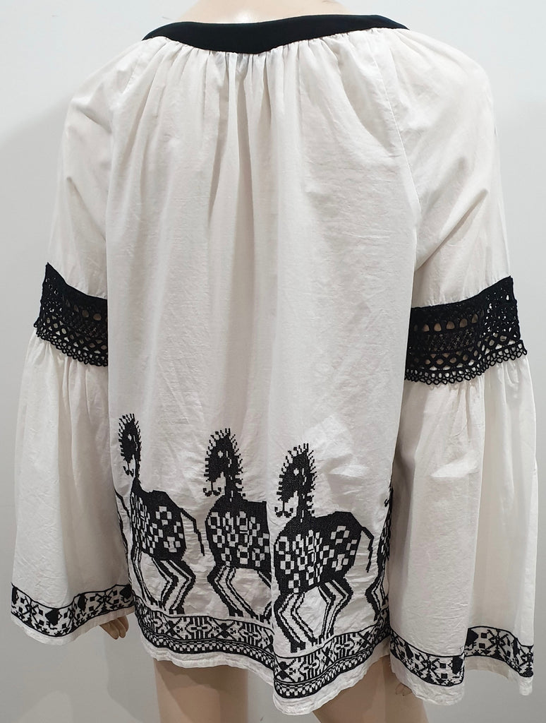 MILLA White & Black Aztec Embroidered Long Sleeve Smoked Tunic Blouse Top S