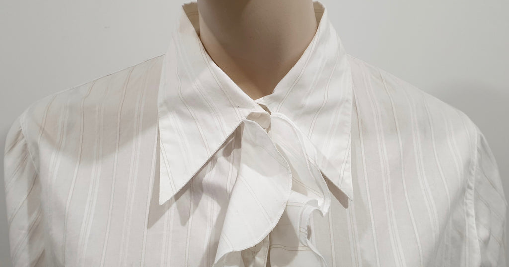 ANNE FONTAINE White & Cream Pinstripe Ruffle Front Blouse Shirt Top 5 UK14/16
