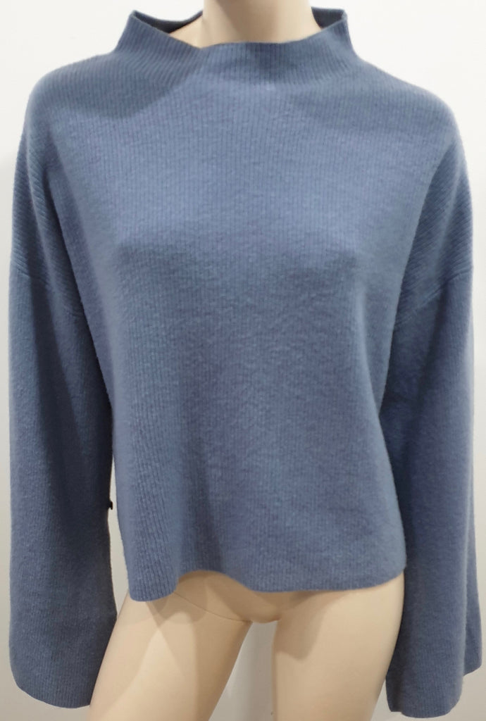 CHLOE Pale Powder Blue Wool Ribbed Button Flare Cuff Jumper Sweater Top M/L