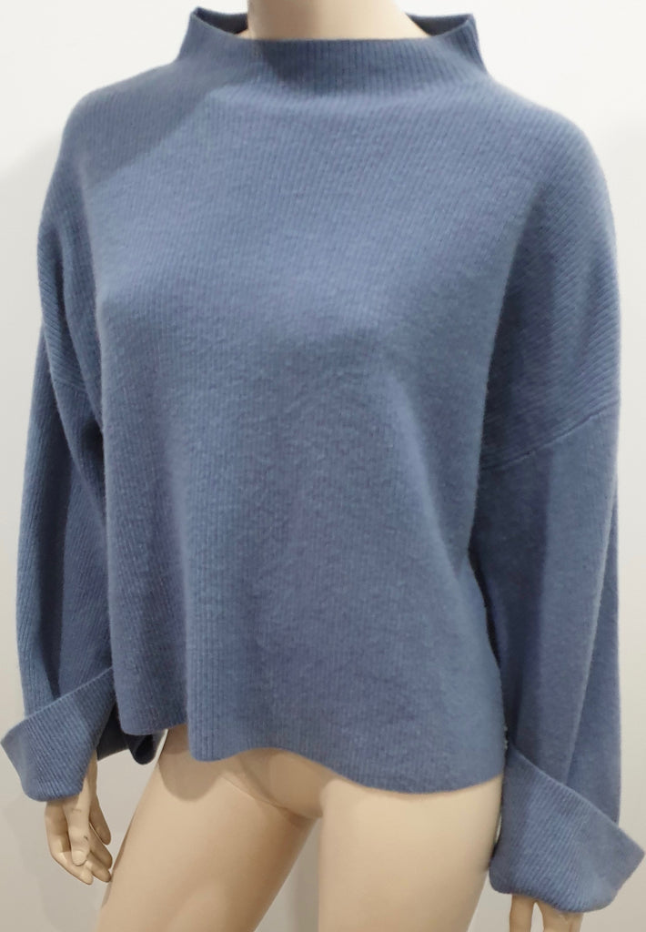 CHLOE Pale Powder Blue Wool Ribbed Button Flare Cuff Jumper Sweater Top M/L