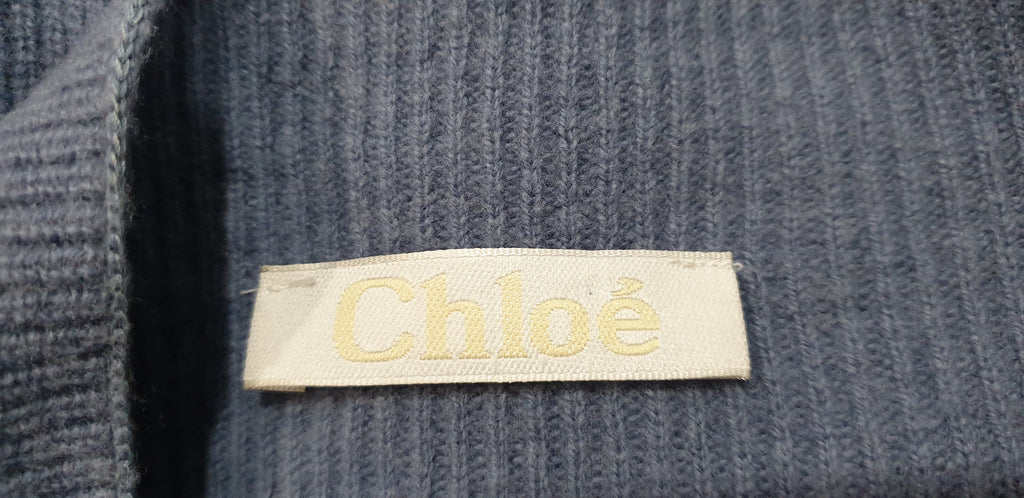 CHLOE Pale Powder Blue Wool Ribbed Button Flare Cuff Jumper Sweater Top M/L