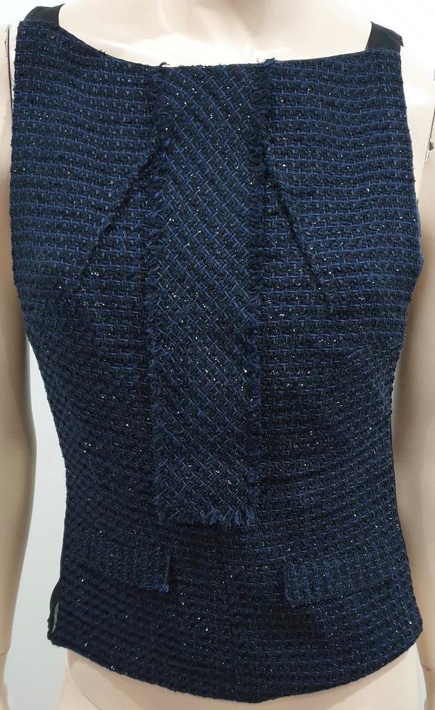 ROLAND MOURET Midnight Blue Black Textured Sheer Panelled Sleeveless Top UK12
