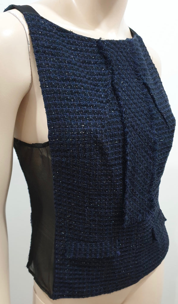 ROLAND MOURET Midnight Blue Black Textured Sheer Panelled Sleeveless Top UK12