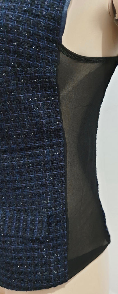 ROLAND MOURET Midnight Blue Black Textured Sheer Panelled Sleeveless Top UK12