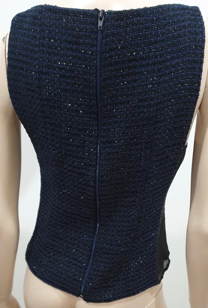 ROLAND MOURET Midnight Blue Black Textured Sheer Panelled Sleeveless Top UK12