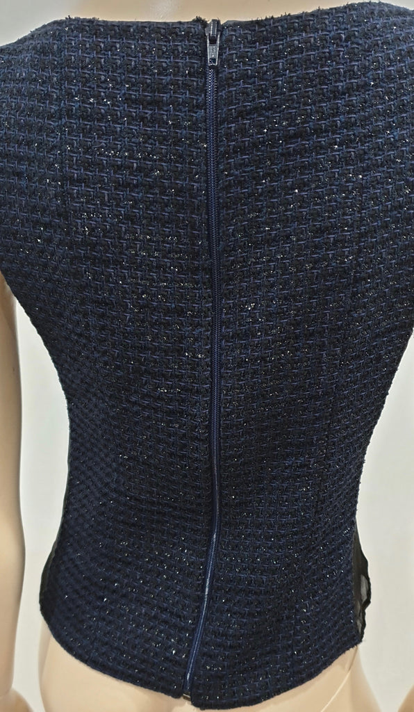 ROLAND MOURET Midnight Blue Black Textured Sheer Panelled Sleeveless Top UK12