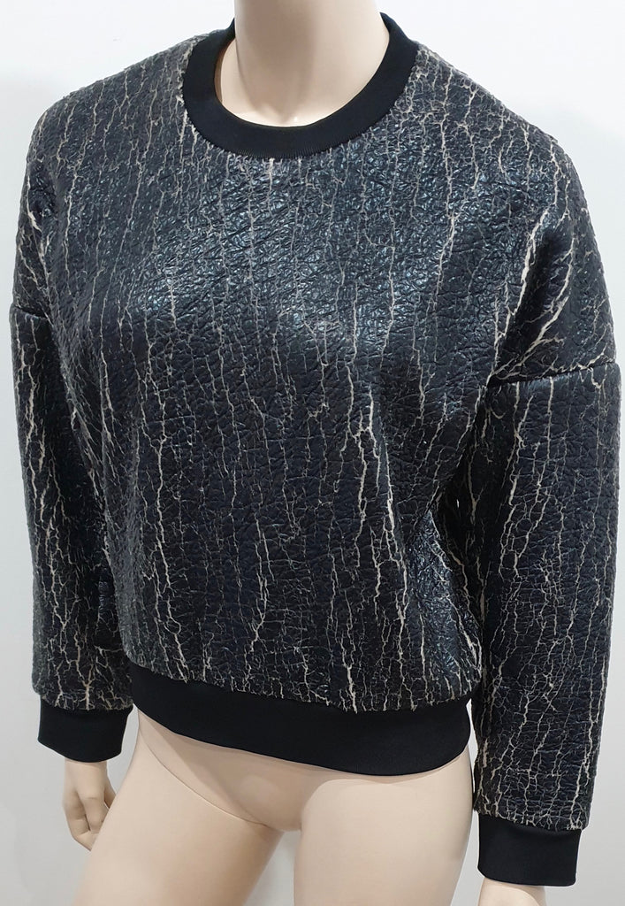 3.1 PHILLIP LIM Black White Crackled Metallic Fleece Lined Sweater Sweatshirt M