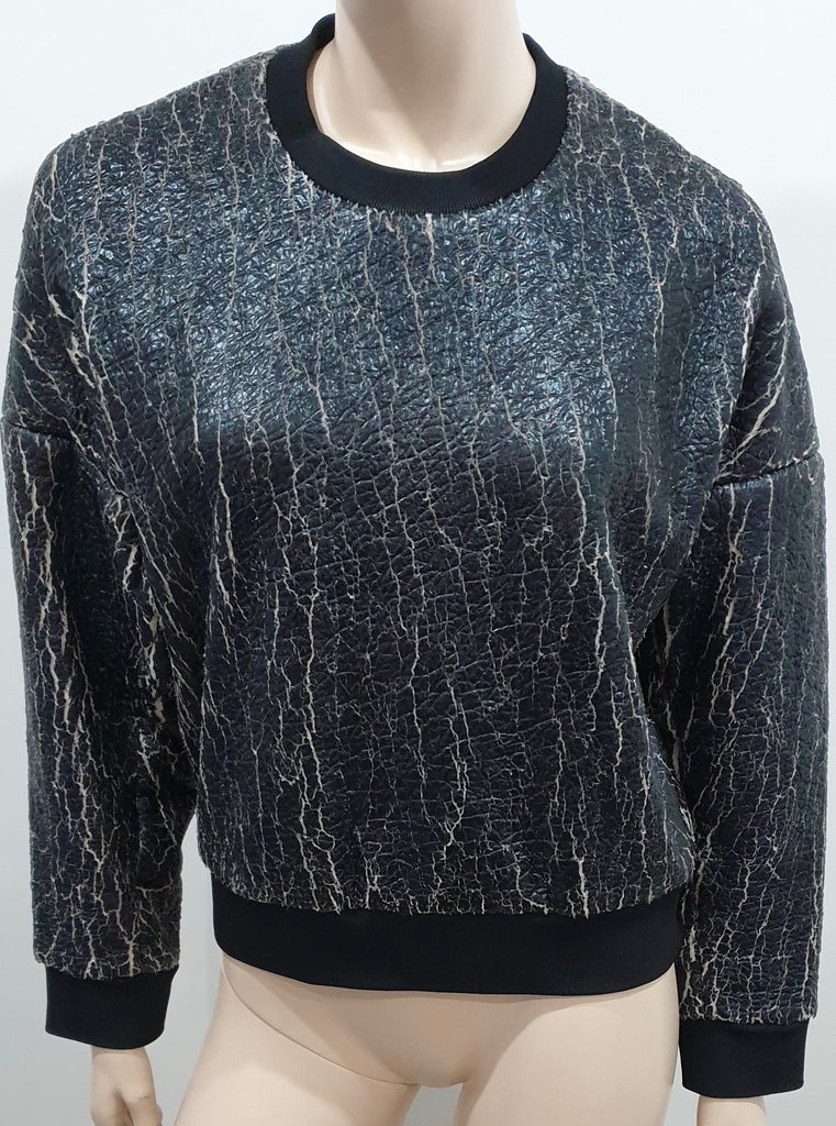 3.1 PHILLIP LIM Black White Crackled Metallic Fleece Lined Sweater Sweatshirt M