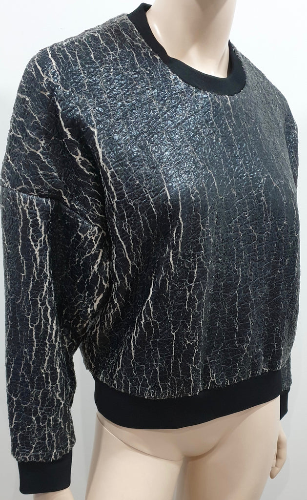 3.1 PHILLIP LIM Black White Crackled Metallic Fleece Lined Sweater Sweatshirt M