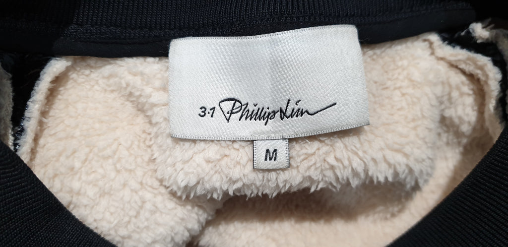 3.1 PHILLIP LIM Black White Crackled Metallic Fleece Lined Sweater Sweatshirt M