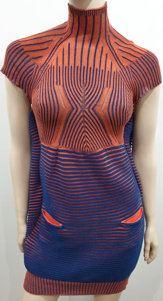 PETER PILOTTO Orange & Navy Cotton Ribbed Knitwear Mini Short Jumper Dress M