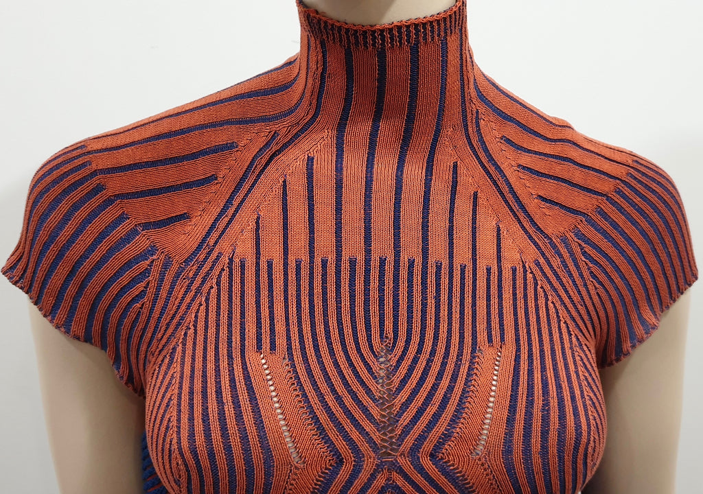 PETER PILOTTO Orange & Navy Cotton Ribbed Knitwear Mini Short Jumper Dress M