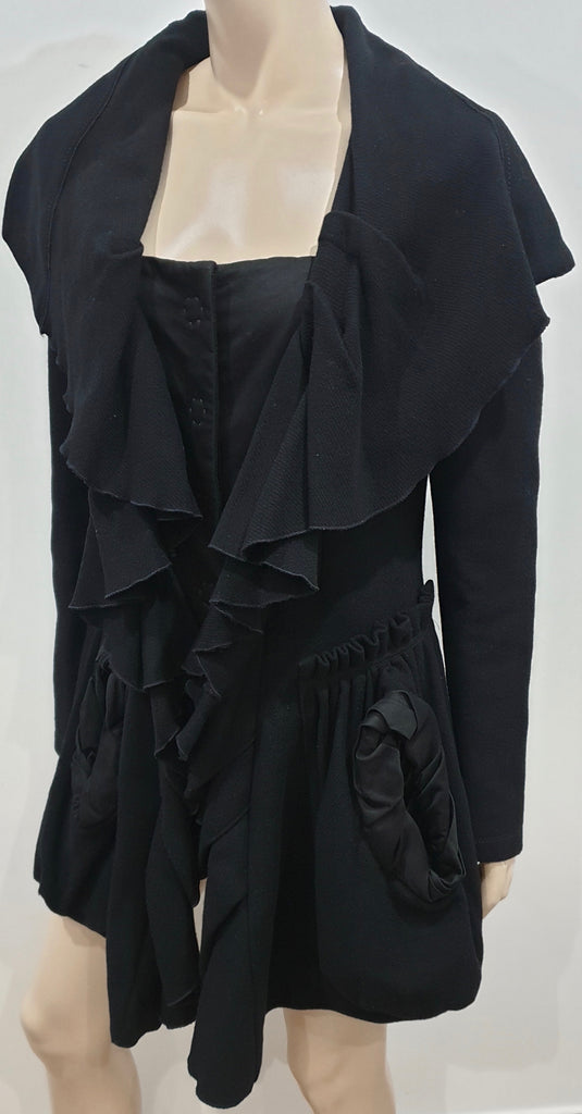 MARITHE FRANCOIS GIRBAUR DE JEAN Black Wool Large Collar Pleated Jacket Coat L