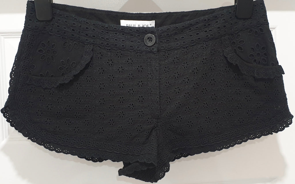 PAUL & JOE Black 100% Cotton Floral Embroidered Lined Shorts Hot Pants 40 UK12
