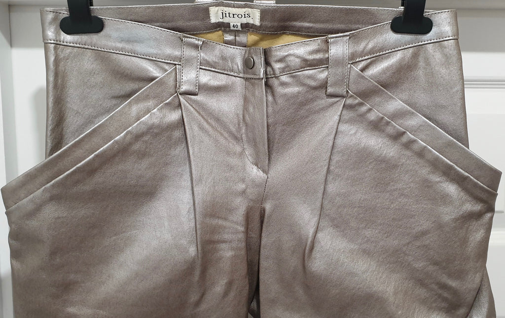 JITROIS Silver Metallic Leather Stretch Pleated Slim Fit Trousers Pants 40 UK10