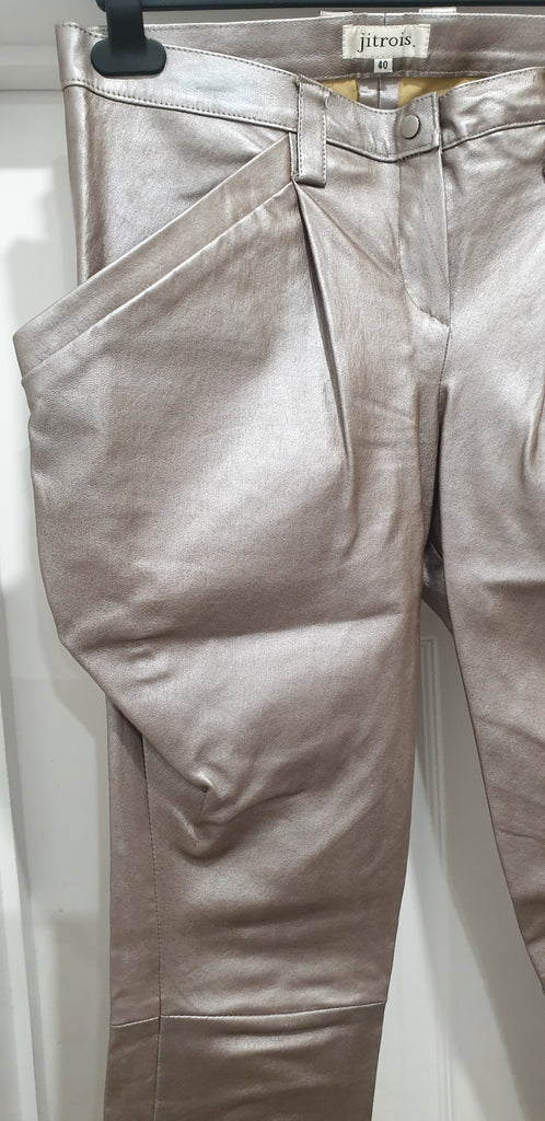 JITROIS Silver Metallic Leather Stretch Pleated Slim Fit Trousers Pants 40 UK10