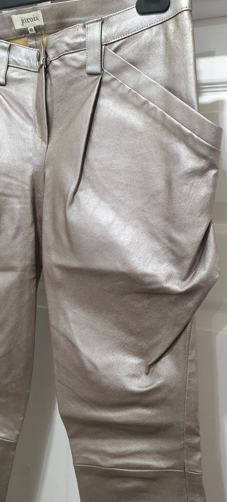 JITROIS Silver Metallic Leather Stretch Pleated Slim Fit Trousers Pants 40 UK10