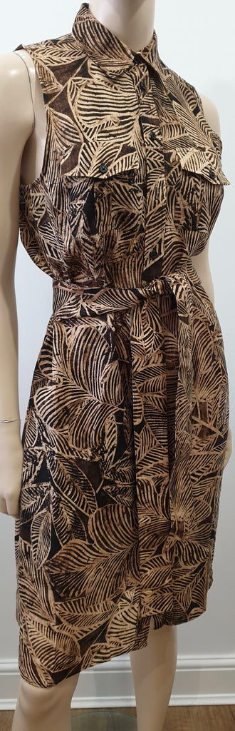 LAUREN RALPH LAUREN Brown Beige Linen Floral Print Sleeveless Shirt Dress UK10
