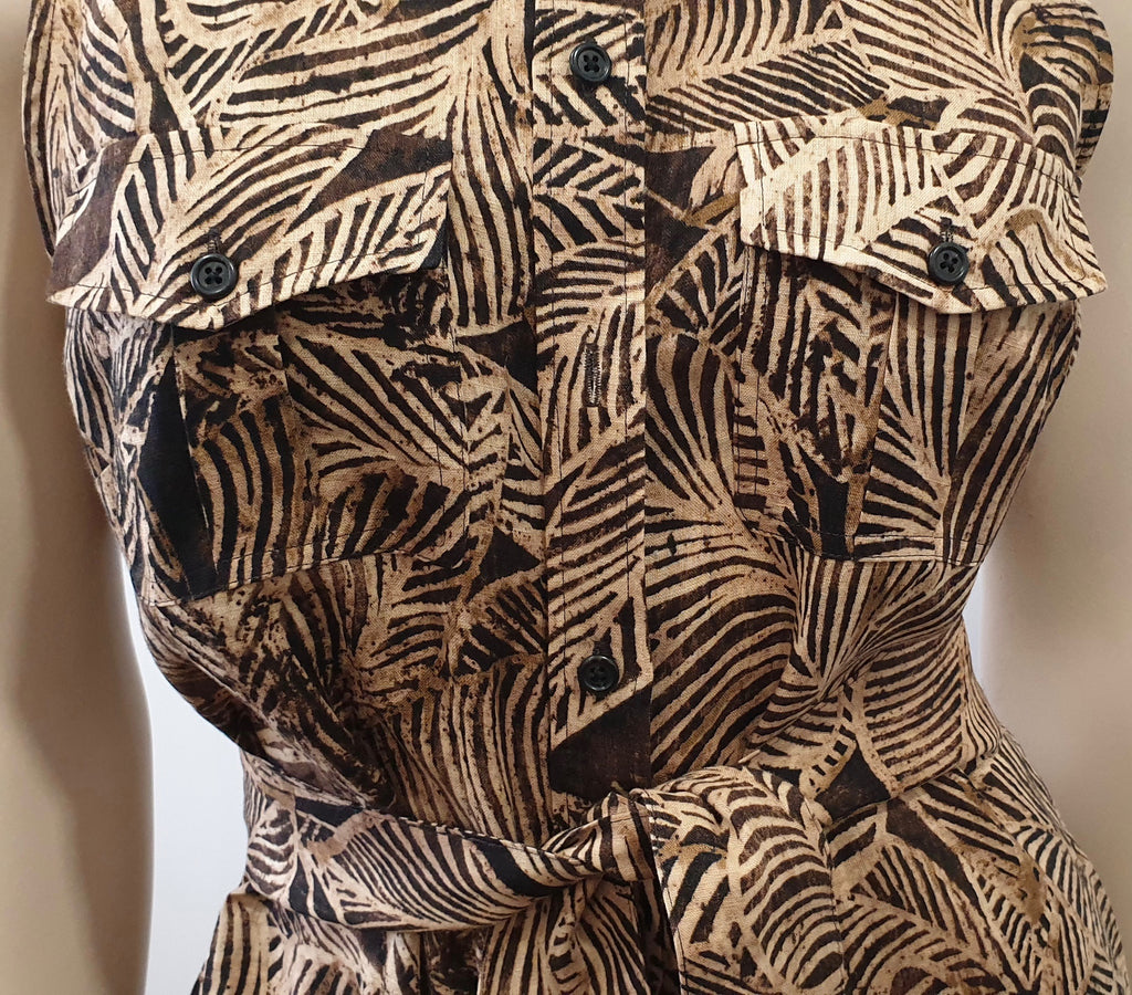 LAUREN RALPH LAUREN Brown Beige Linen Floral Print Sleeveless Shirt Dress UK10