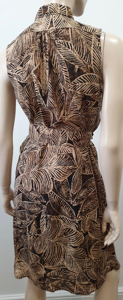 LAUREN RALPH LAUREN Brown Beige Linen Floral Print Sleeveless Shirt Dress UK10