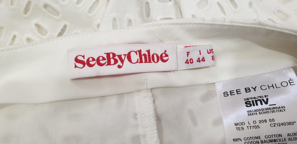 SEE BY CHLOE White Cotton Perforated Embroidered Partial Lined Shorts UK12