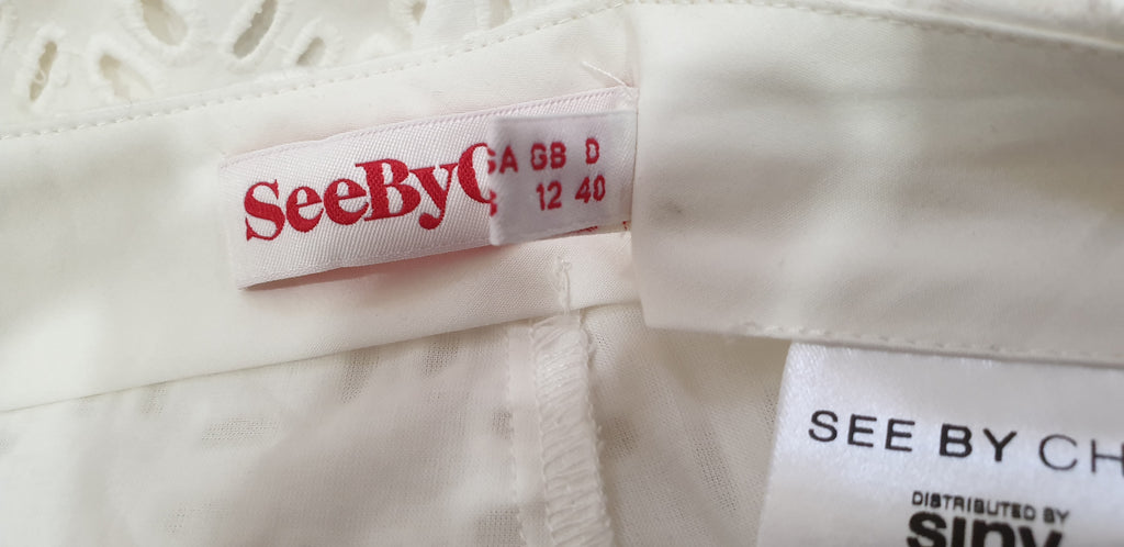 SEE BY CHLOE White Cotton Perforated Embroidered Partial Lined Shorts UK12