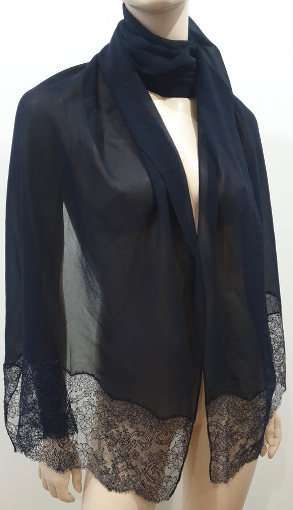 GIORGIO GRATI Midnight Navy Blue Sheer Long Length Lace Trim Rectangular Scarf