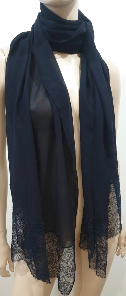 GIORGIO GRATI Midnight Navy Blue Sheer Long Length Lace Trim Rectangular Scarf