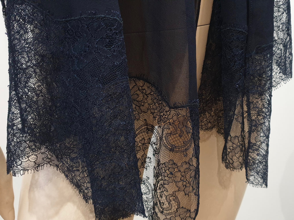 GIORGIO GRATI Midnight Navy Blue Sheer Long Length Lace Trim Rectangular Scarf