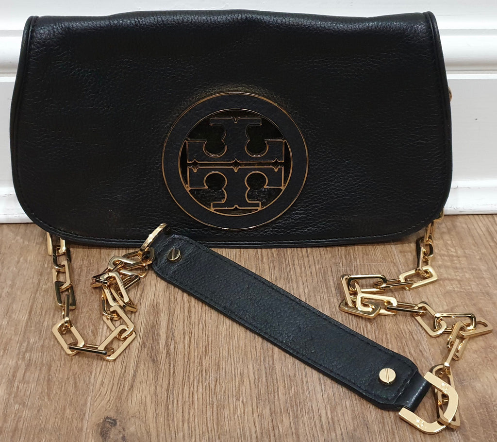 TORY BURCH Navy Black Leather Gold Tone Detachable Shoulder Strap Clutch Bag