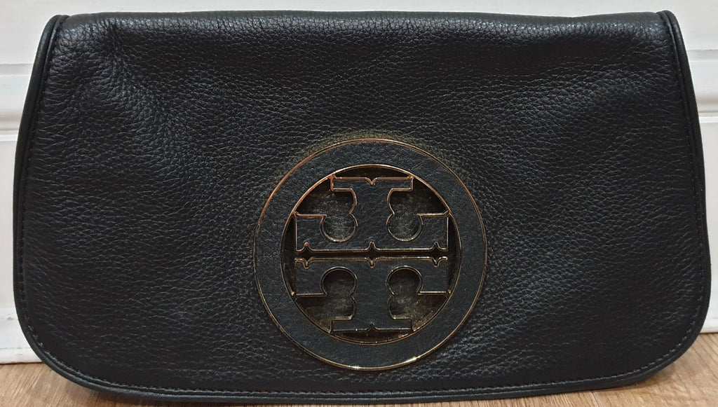 TORY BURCH Navy Black Leather Gold Tone Detachable Shoulder Strap Clutch Bag