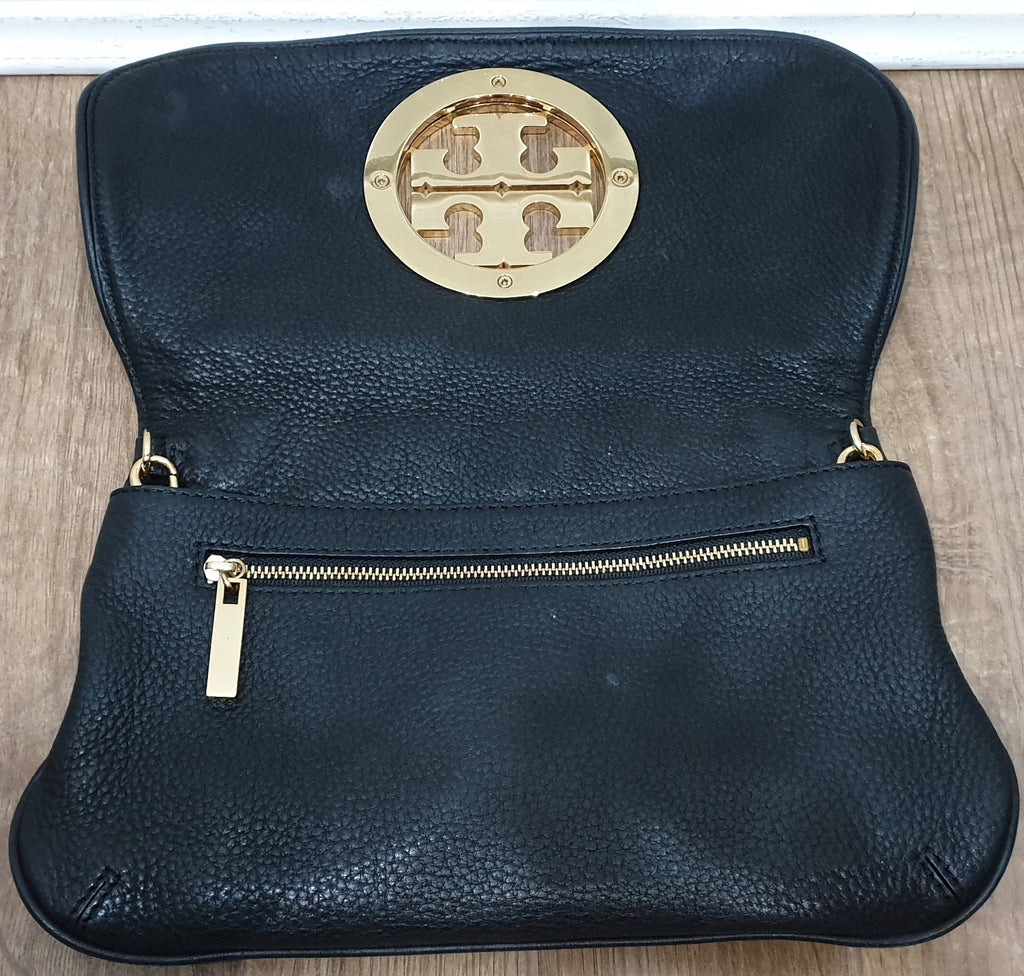 TORY BURCH Navy Black Leather Gold Tone Detachable Shoulder Strap Clutch Bag