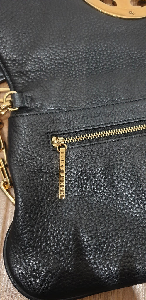 TORY BURCH Navy Black Leather Gold Tone Detachable Shoulder Strap Clutch Bag