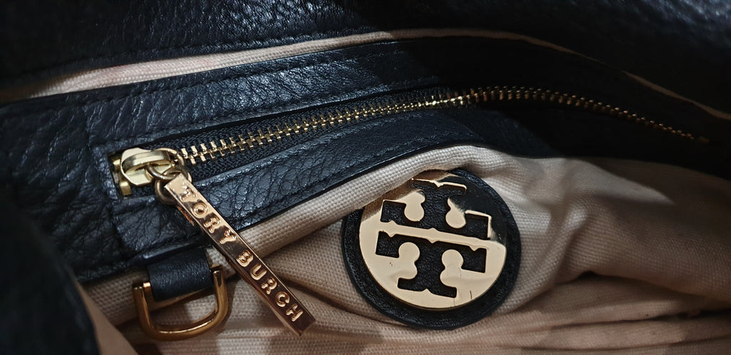 TORY BURCH Navy Black Leather Gold Tone Detachable Shoulder Strap Clutch Bag