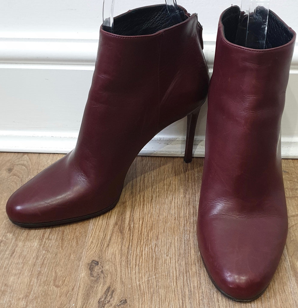 PRADA Burgundy Leather Round Toe Zip Fastened Stiletto Heel Ankle Boots 39 UK6