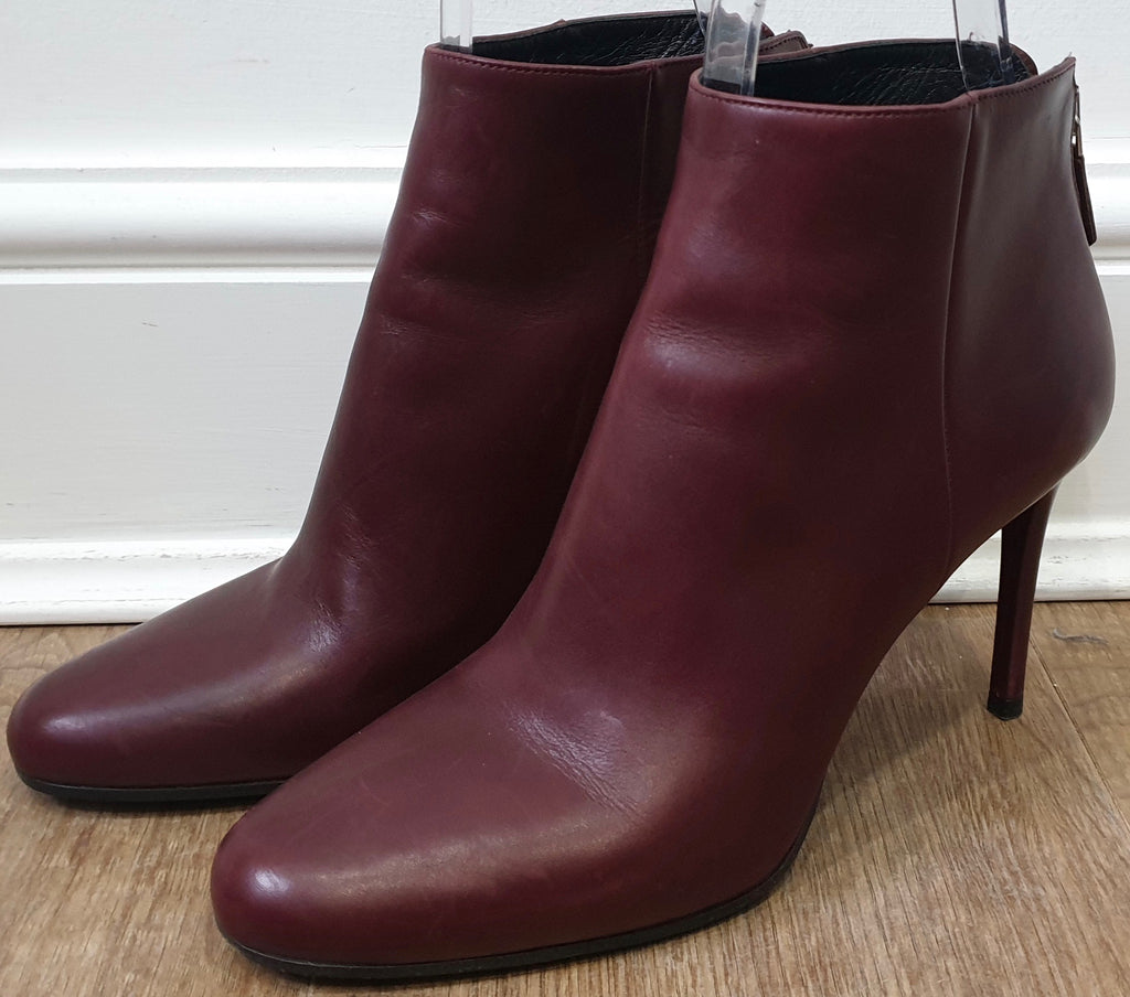 PRADA Burgundy Leather Round Toe Zip Fastened Stiletto Heel Ankle Boots 39 UK6