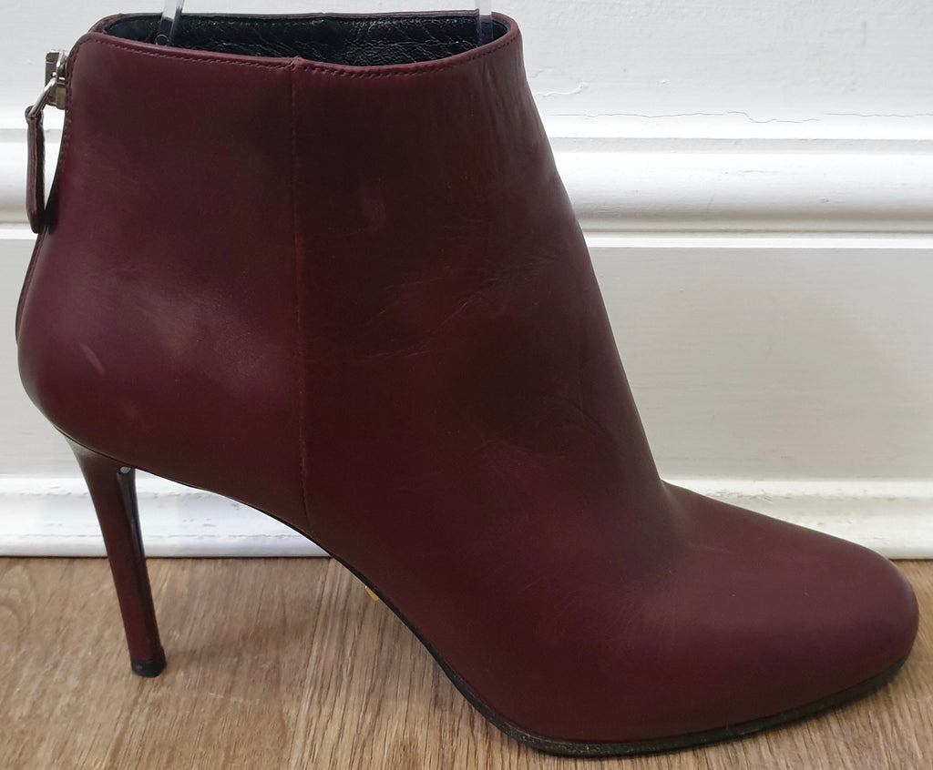 PRADA Burgundy Leather Round Toe Zip Fastened Stiletto Heel Ankle Boots 39 UK6
