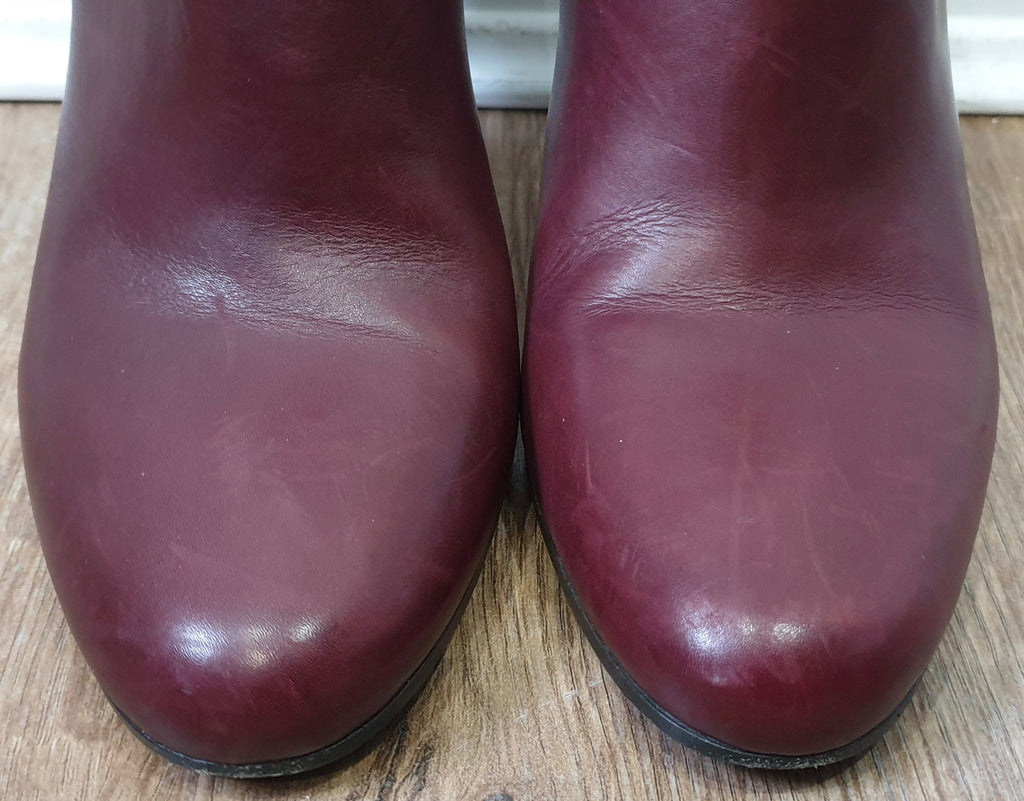 PRADA Burgundy Leather Round Toe Zip Fastened Stiletto Heel Ankle Boots 39 UK6