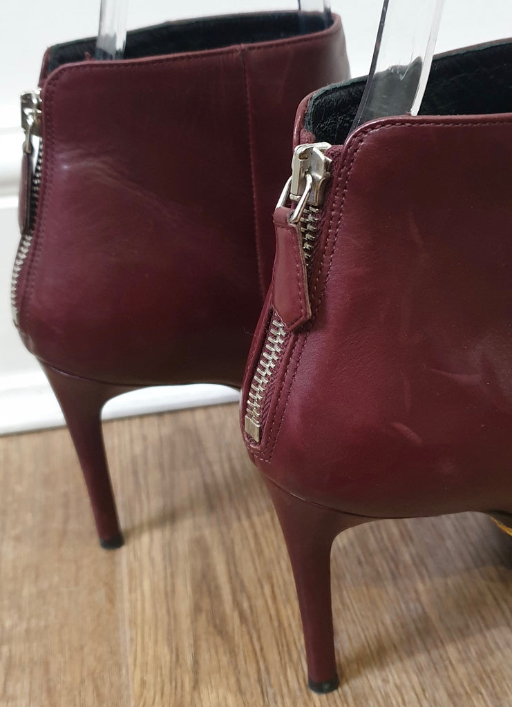 PRADA Burgundy Leather Round Toe Zip Fastened Stiletto Heel Ankle Boots 39 UK6
